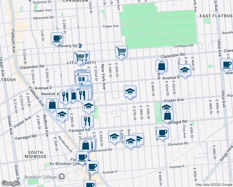map of restaurants, bars, coffee shops, grocery stores, and more near 3420 Newkirk Avenue in Brooklyn