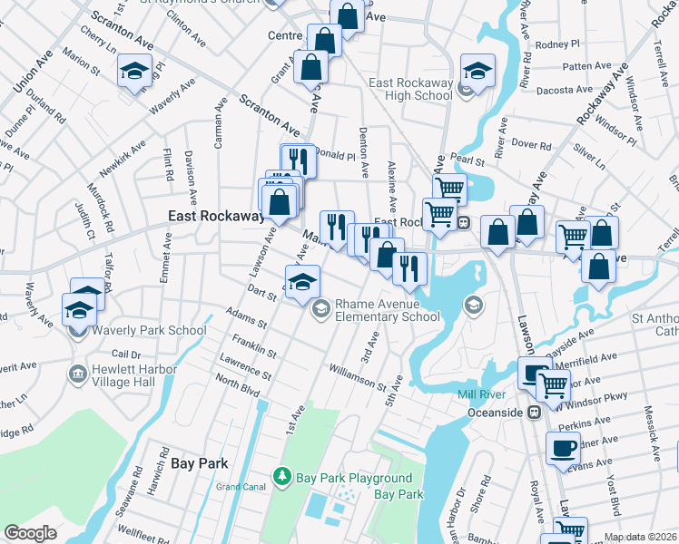 map of restaurants, bars, coffee shops, grocery stores, and more near 39 Alice Court in East Rockaway