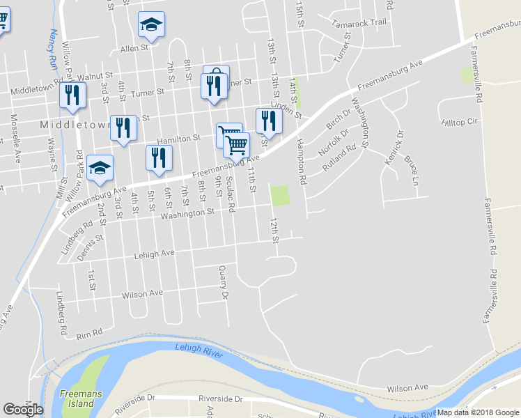 map of restaurants, bars, coffee shops, grocery stores, and more near 3806 Washington Street in Bethlehem