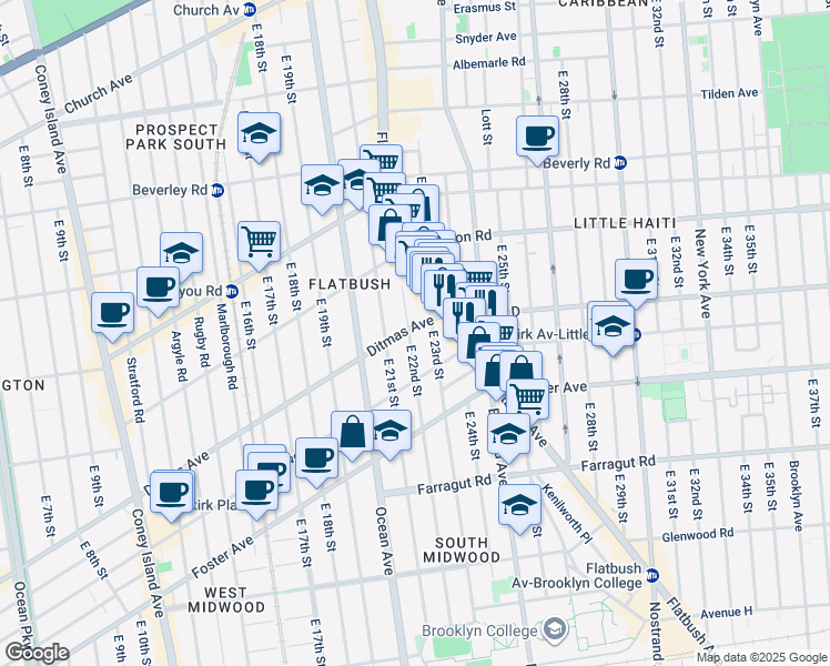 map of restaurants, bars, coffee shops, grocery stores, and more near 2208 Ditmas Avenue in Brooklyn