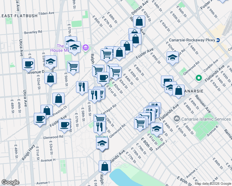 map of restaurants, bars, coffee shops, grocery stores, and more near 574 East 81st Street in Brooklyn