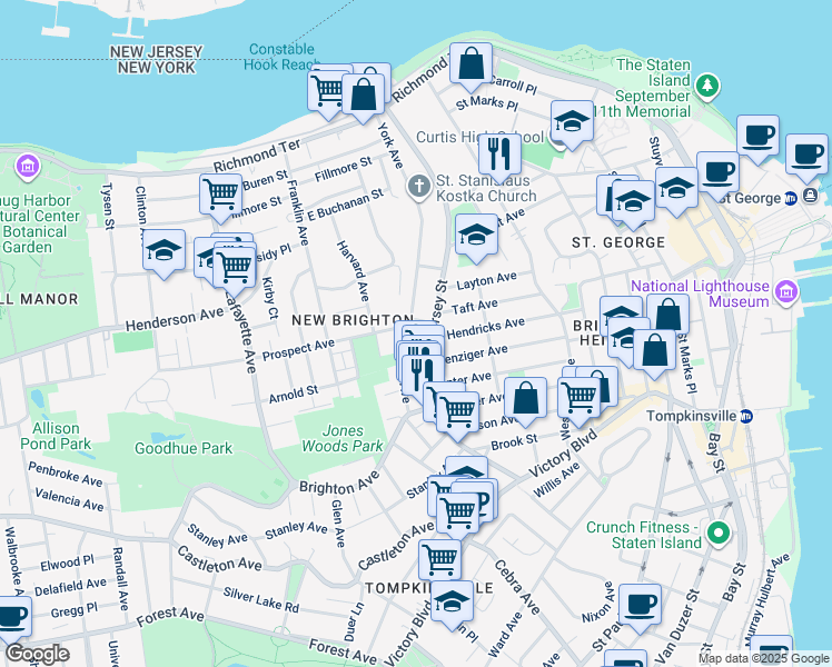 map of restaurants, bars, coffee shops, grocery stores, and more near 281 York Avenue in Staten Island