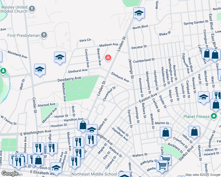 map of restaurants, bars, coffee shops, grocery stores, and more near 525 Melrose Avenue in Bethlehem