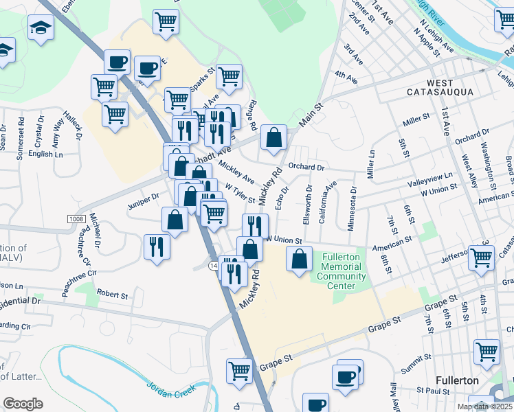 map of restaurants, bars, coffee shops, grocery stores, and more near 1242 Mickley Road in Fullerton