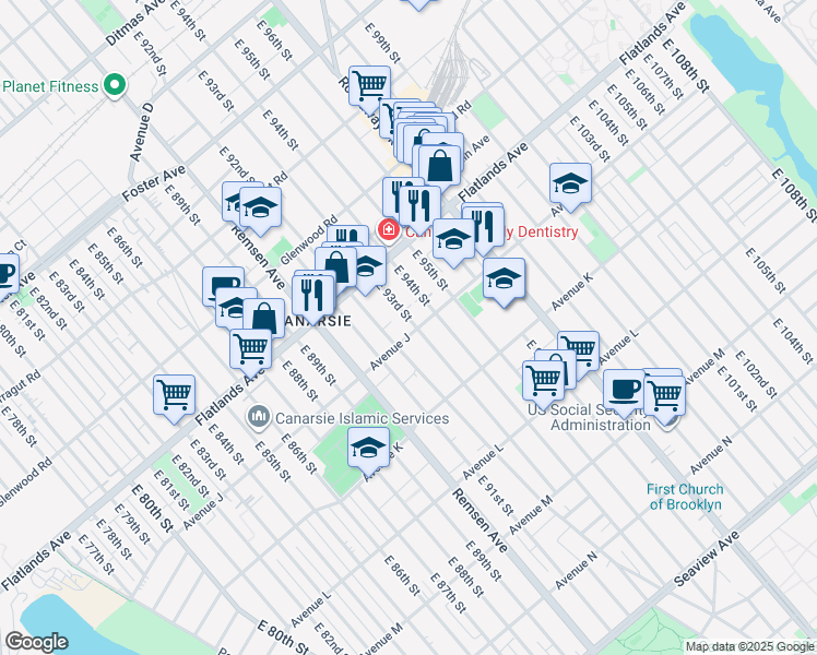 map of restaurants, bars, coffee shops, grocery stores, and more near 1250 East 93rd Street in Brooklyn