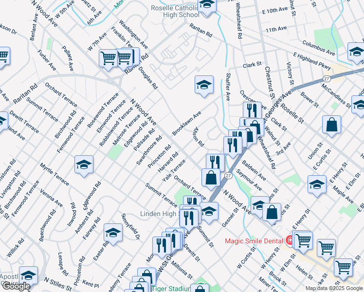 map of restaurants, bars, coffee shops, grocery stores, and more near 1415 North Wood Avenue in Linden