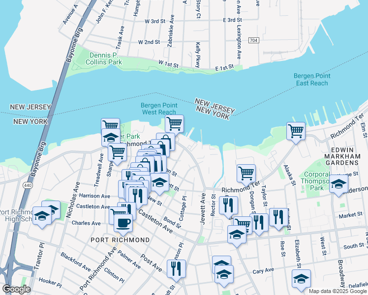 map of restaurants, bars, coffee shops, grocery stores, and more near Richmond Terrace in Staten Island