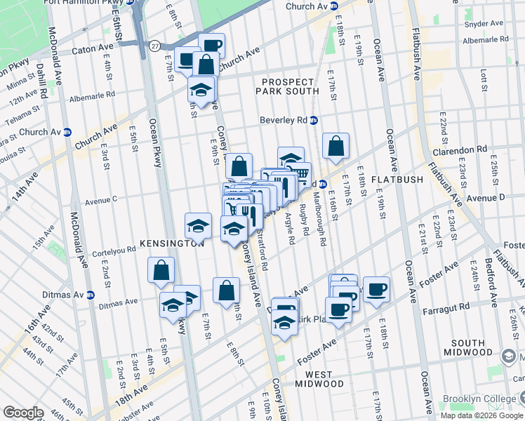 map of restaurants, bars, coffee shops, grocery stores, and more near 1022 Cortelyou Road in Brooklyn