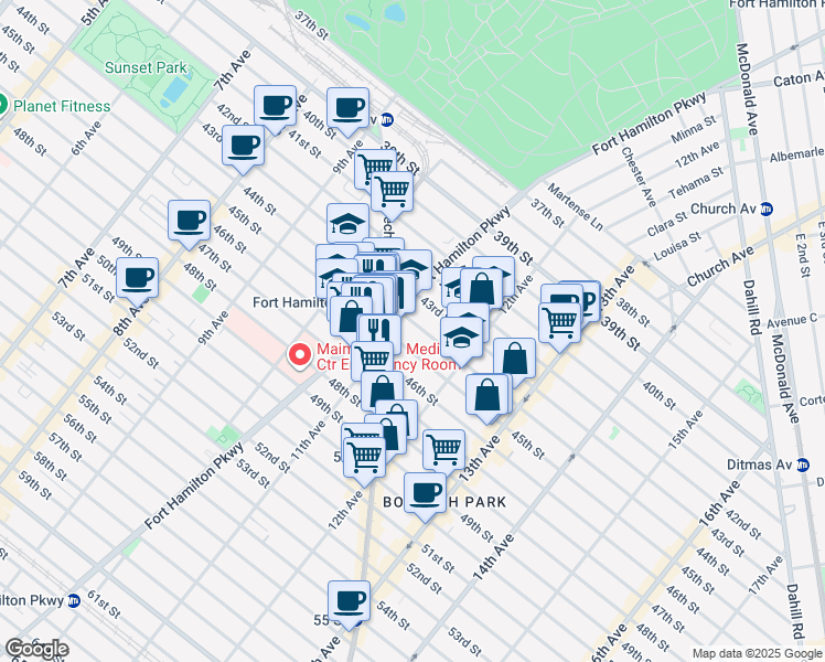 map of restaurants, bars, coffee shops, grocery stores, and more near 1128 45th Street in Brooklyn