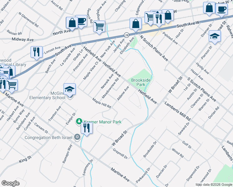 map of restaurants, bars, coffee shops, grocery stores, and more near 2082 Hill Top Road in Scotch Plains