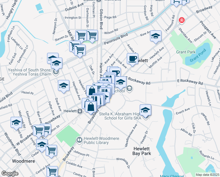 map of restaurants, bars, coffee shops, grocery stores, and more near 1339 Broadway in Hewlett