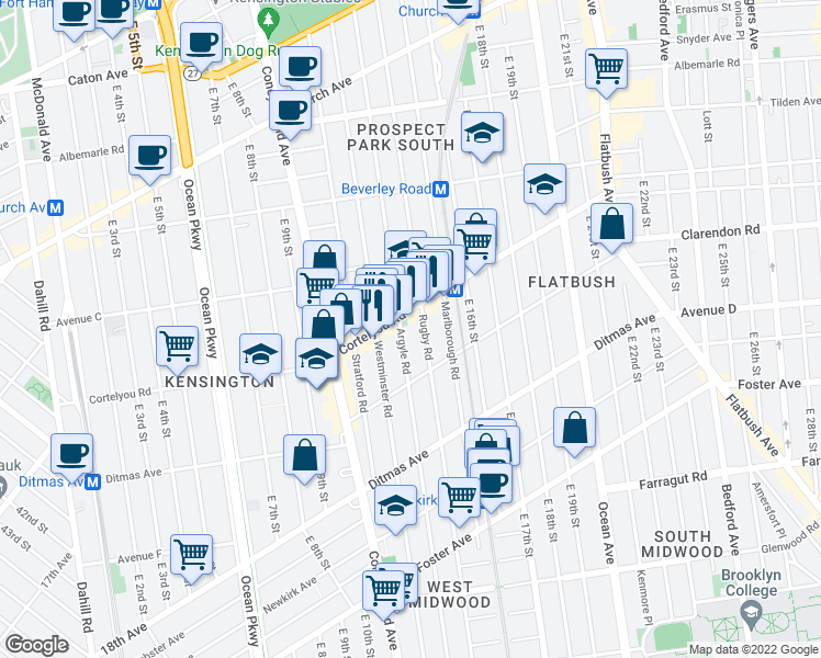 map of restaurants, bars, coffee shops, grocery stores, and more near 427 Rugby Road in Brooklyn