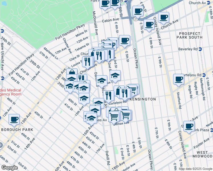 map of restaurants, bars, coffee shops, grocery stores, and more near 597 McDonald Avenue in Brooklyn