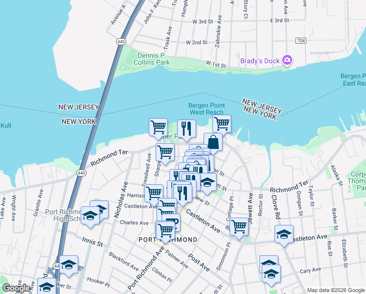 map of restaurants, bars, coffee shops, grocery stores, and more near 34 Maple Avenue in Staten Island