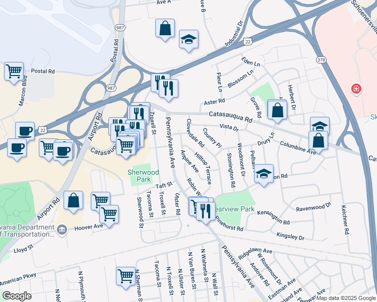 map of restaurants, bars, coffee shops, grocery stores, and more near 1946 Aripine Avenue in Bethlehem
