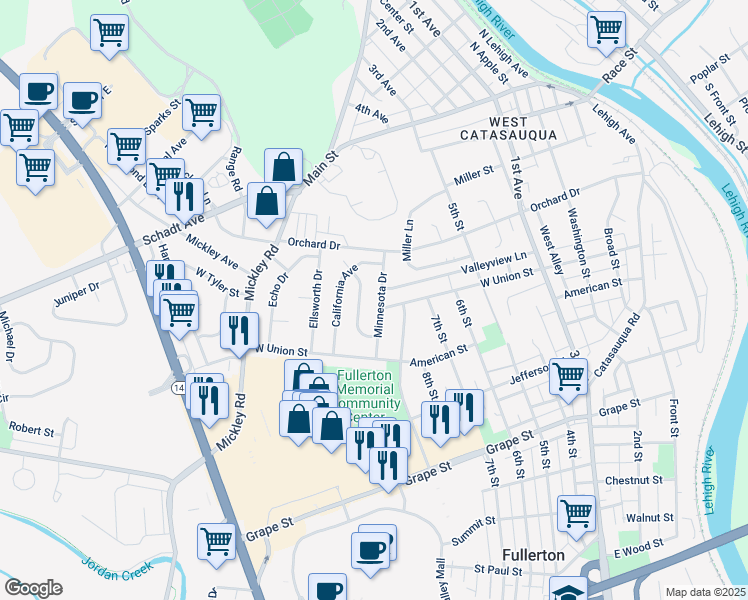 map of restaurants, bars, coffee shops, grocery stores, and more near 1232 Minnesota Drive in Fullerton