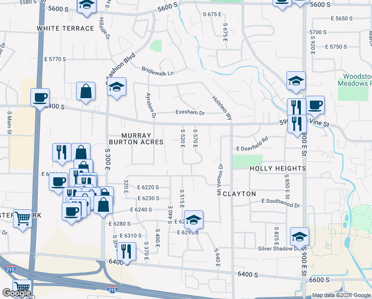 map of restaurants, bars, coffee shops, grocery stores, and more near 6121 South 520 East in Murray