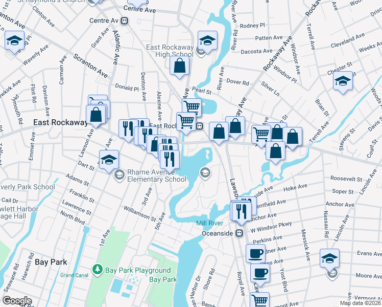 map of restaurants, bars, coffee shops, grocery stores, and more near 441 Marina Pointe Drive in East Rockaway