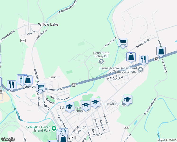 map of restaurants, bars, coffee shops, grocery stores, and more near University Drive in Schuylkill Haven