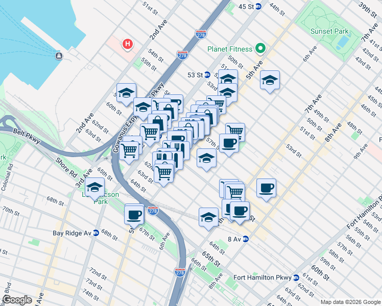 map of restaurants, bars, coffee shops, grocery stores, and more near 5825 5th Avenue in Brooklyn