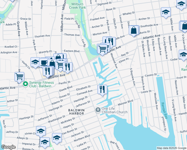 map of restaurants, bars, coffee shops, grocery stores, and more near 1164 Pacific Street in Baldwin
