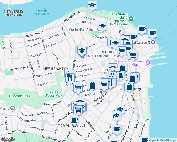 map of restaurants, bars, coffee shops, grocery stores, and more near 150 Benziger Avenue in Staten Island