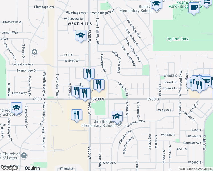 map of restaurants, bars, coffee shops, grocery stores, and more near 6114 Dewdrops Drive in Kearns