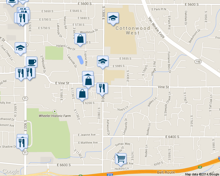 map of restaurants, bars, coffee shops, grocery stores, and more near 1352 Amesbury Circle in Salt Lake City