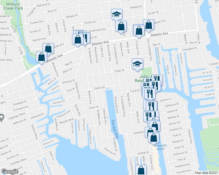 map of restaurants, bars, coffee shops, grocery stores, and more near 328 Roosevelt Avenue in Freeport