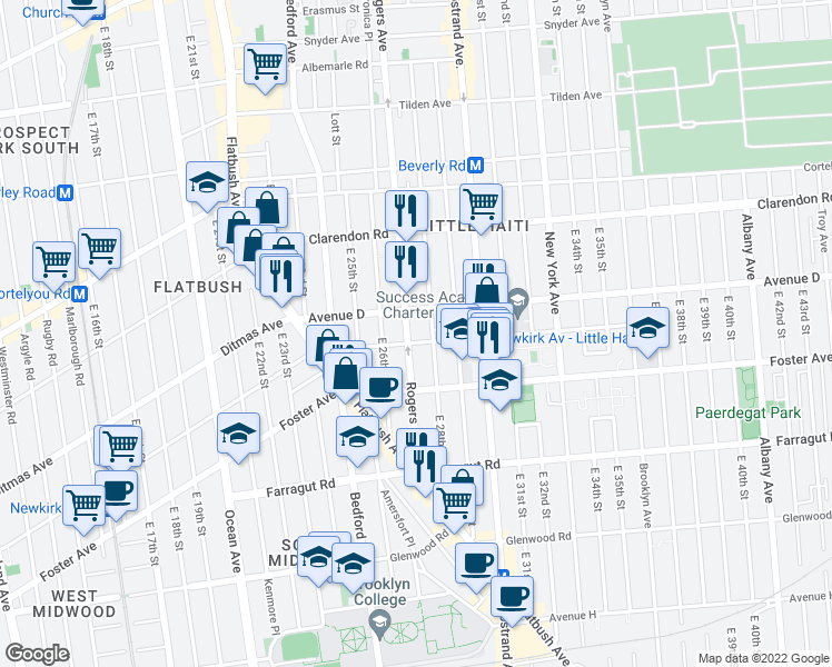 map of restaurants, bars, coffee shops, grocery stores, and more near 1242 Rogers Avenue in Brooklyn