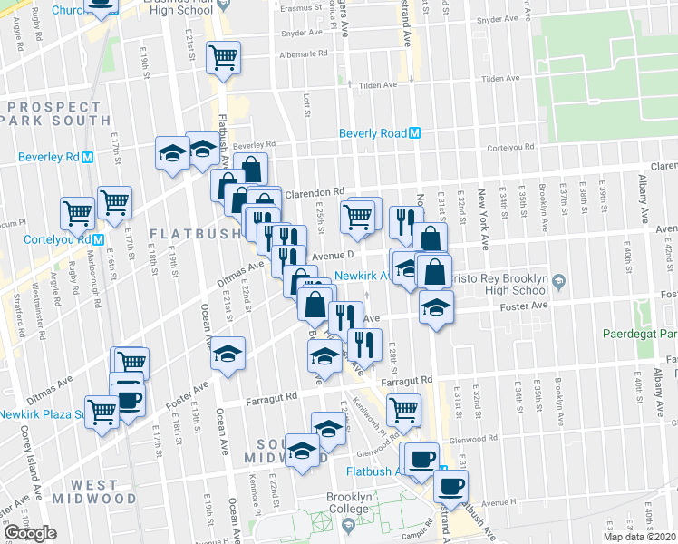 map of restaurants, bars, coffee shops, grocery stores, and more near 2523 Newkirk Avenue in Brooklyn