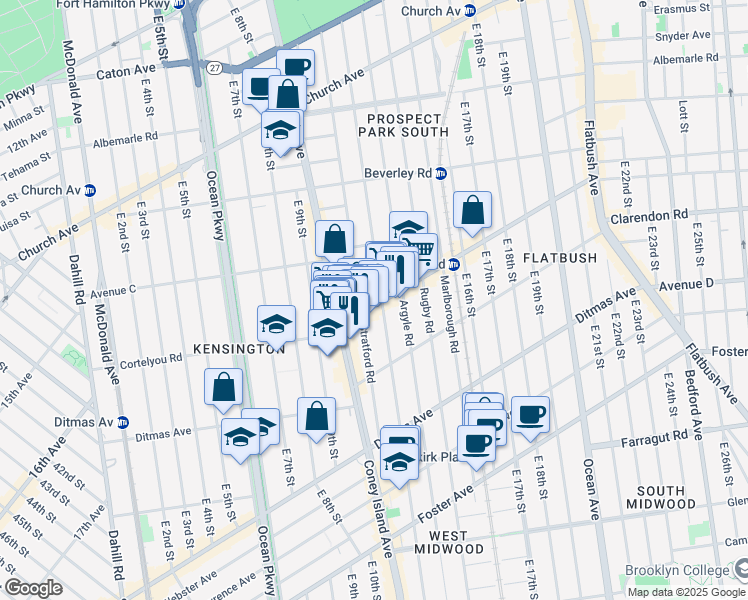 map of restaurants, bars, coffee shops, grocery stores, and more near 1022 Cortelyou Road in Brooklyn