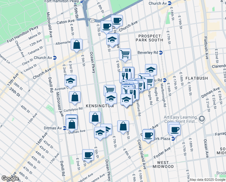 map of restaurants, bars, coffee shops, grocery stores, and more near 430 East 8th Street in Brooklyn