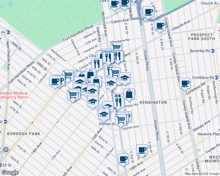 map of restaurants, bars, coffee shops, grocery stores, and more near 3601 15th Avenue in Brooklyn