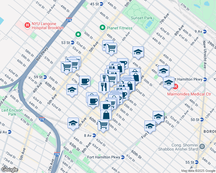 map of restaurants, bars, coffee shops, grocery stores, and more near 5423 7th Avenue in Brooklyn