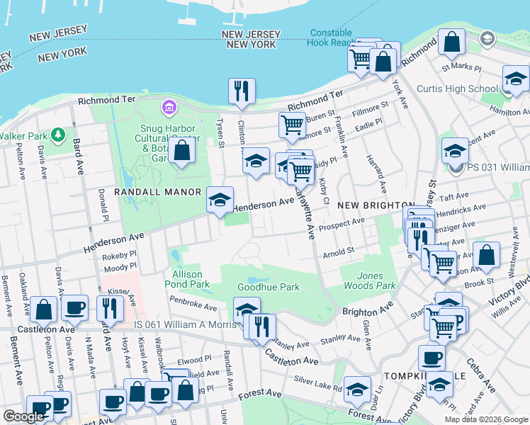 map of restaurants, bars, coffee shops, grocery stores, and more near 30 Clinton Court in Staten Island