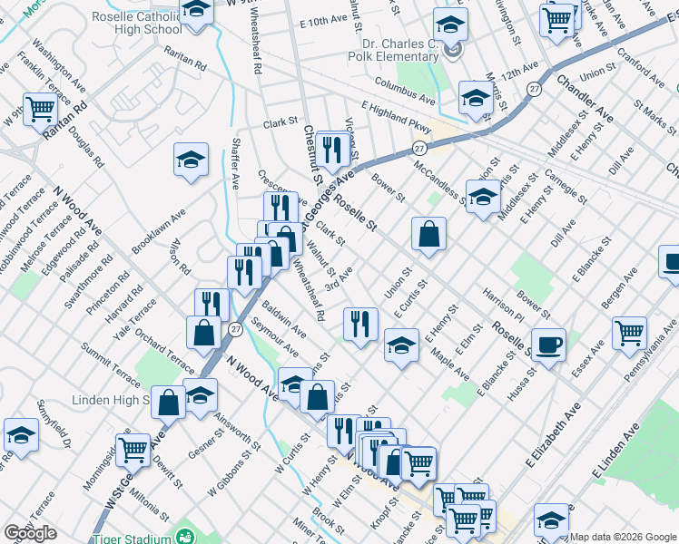 map of restaurants, bars, coffee shops, grocery stores, and more near 919 Walnut Street in Linden