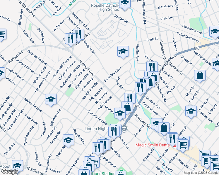 map of restaurants, bars, coffee shops, grocery stores, and more near 1415 North Wood Avenue in Linden