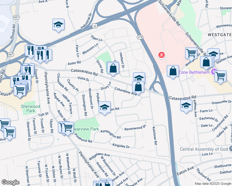 map of restaurants, bars, coffee shops, grocery stores, and more near 1536 Bonnie Drive in Bethlehem