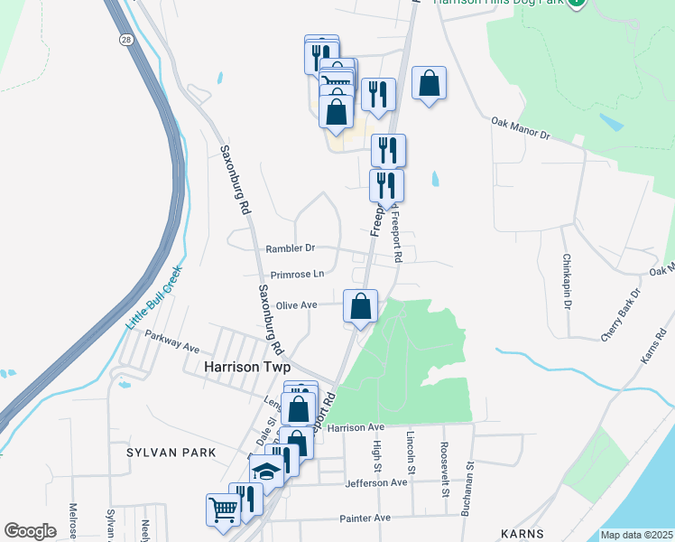 map of restaurants, bars, coffee shops, grocery stores, and more near 3124 Primrose Lane in Natrona Heights