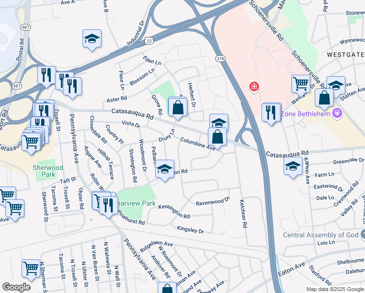 map of restaurants, bars, coffee shops, grocery stores, and more near 1536 Bonnie Drive in Bethlehem
