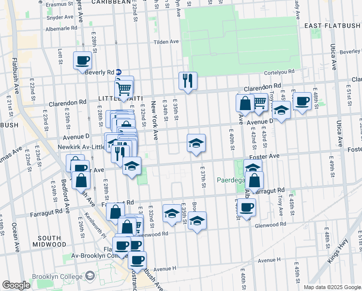 map of restaurants, bars, coffee shops, grocery stores, and more near 3506 Newkirk Avenue in Brooklyn