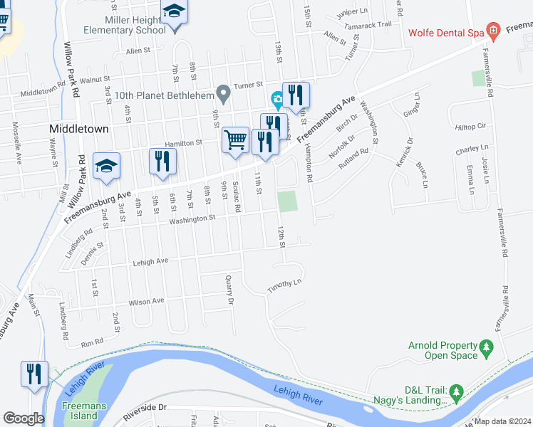 map of restaurants, bars, coffee shops, grocery stores, and more near 3806 Washington Street in Bethlehem