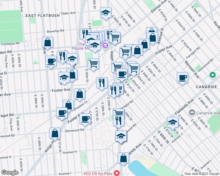 map of restaurants, bars, coffee shops, grocery stores, and more near 5904 Foster Avenue in Brooklyn