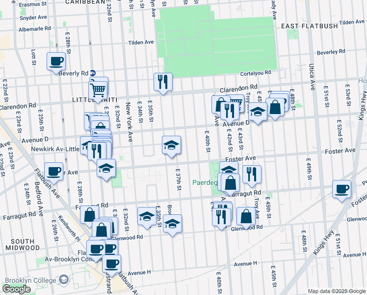 map of restaurants, bars, coffee shops, grocery stores, and more near 654 East 38th Street in Brooklyn