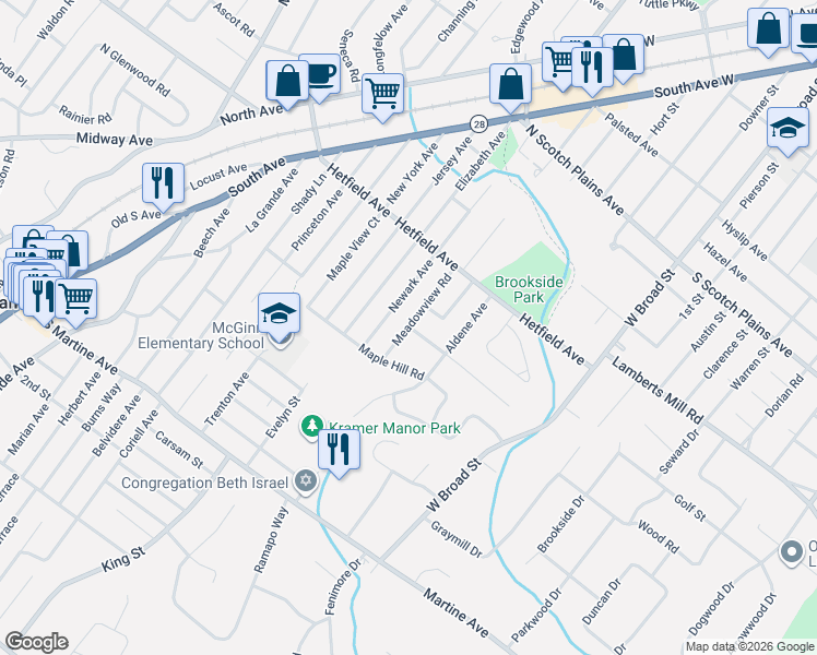 map of restaurants, bars, coffee shops, grocery stores, and more near in Scotch Plains