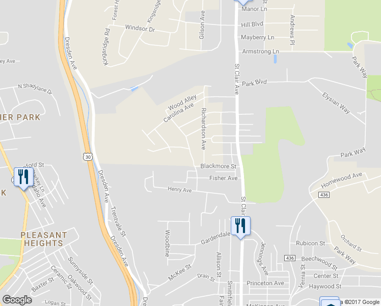 map of restaurants, bars, coffee shops, grocery stores, and more near 526 Fisher Avenue in East Liverpool