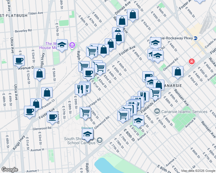 map of restaurants, bars, coffee shops, grocery stores, and more near 8124 Farragut Road in Brooklyn