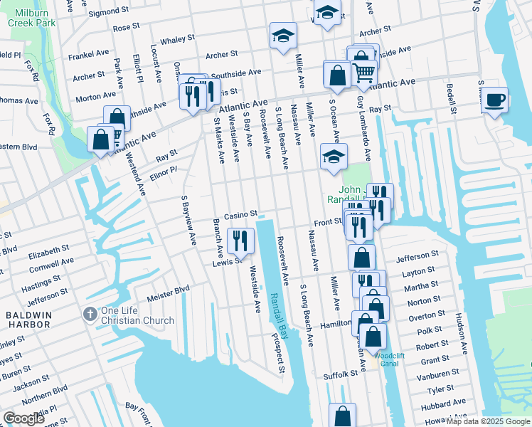 map of restaurants, bars, coffee shops, grocery stores, and more near 328 Roosevelt Avenue in Freeport