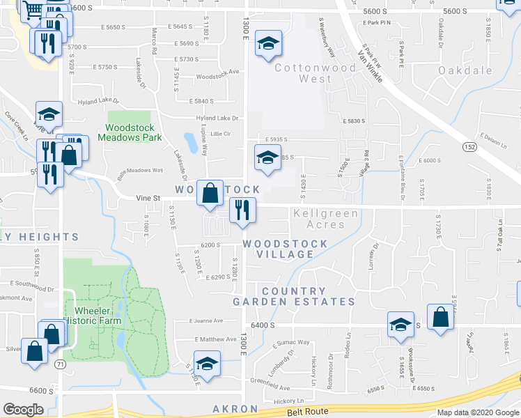 map of restaurants, bars, coffee shops, grocery stores, and more near 6163 South 1300 East in Salt Lake City